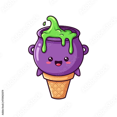 Cute Cartoon Halloween Cauldron with Green Slime on Ice Cream Cone, Smiling Face.