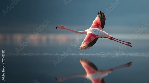 A flamingo in flight over water, its reflection creating a stunning mirror image in the serene landscape