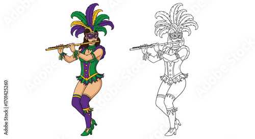 Mardi Gras Flutist Character Coloring Page in Color and Outline Versions Fun Activity
