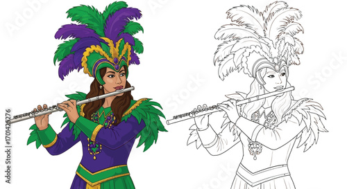 Musical Mardi Gras Flutist Character Coloring Page with Color and Outline Versions