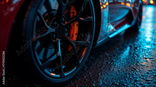 Close-up of luxury sports car wheel, wet asphalt reflecting neon city lights