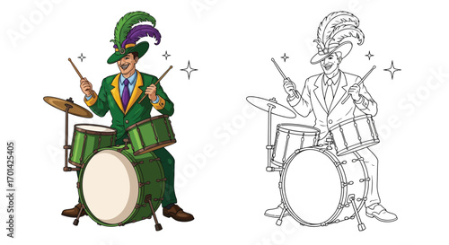 Mardi Gras Jazz Drummer Character Coloring Page with Outline Version Fun Music Art