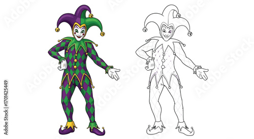 Mardi Gras Joker in Standing Pose Coloring Page with Outline Companion Fun Activity