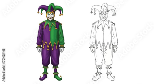 Mardi Gras Joker Standing Pose Coloring Page with Matching Outline Version Carnival Art