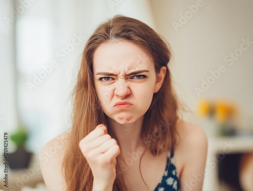 Angry woman portrait expressing negative emotion showing fist and facial expression