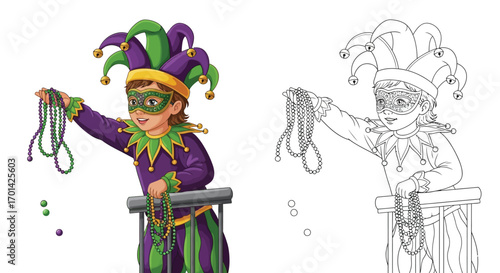Happy Kids Throwing Mardi Gras Beads Coloring Page with Outline Companion Fun Activity