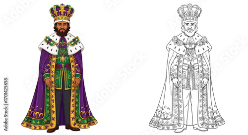 Mardi Gras King Crown Man Coloring Page in Dual Style with Color and Outline Versions