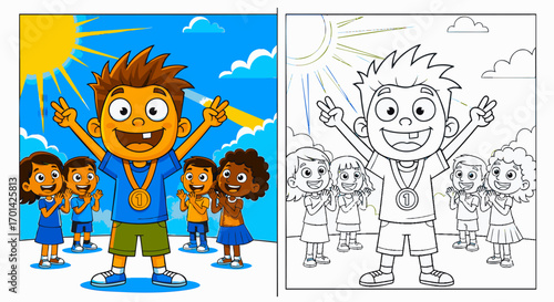 Cartoon Champion Celebrates Victory with Cheering Crowd Kids Win Gold Medal in Sport Competition