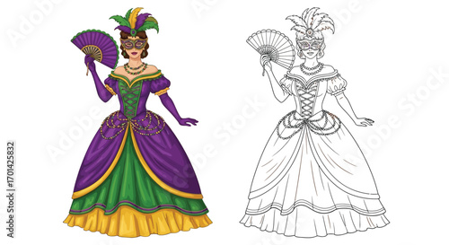 Mardi Gras Masquerade Woman Coloring Page with Matching Outline Version Carnival Art