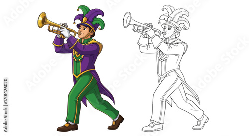 Lively Mardi Gras Parade Trumpet Player Coloring Page with Outline Companion Activity