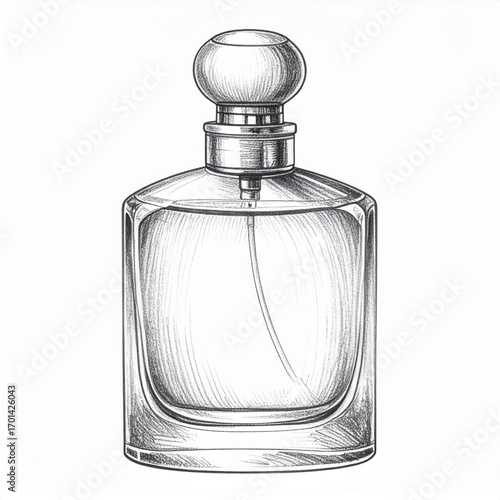 Detailed Sketch of Rectangular Perfume Bottle with Spherical Stopper in Black and White Shading