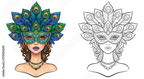 Mardi Gras Peacock Mask Girl Coloring Page with Outline Companion Fun Holiday Design