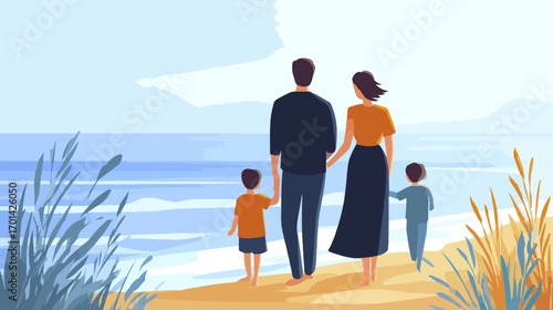 Family on beach daytime scene