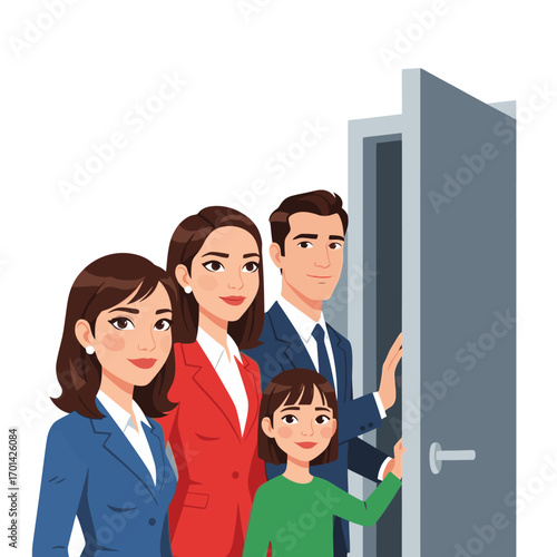 Family opening a door to new opportunities, business, career, or a brighter future