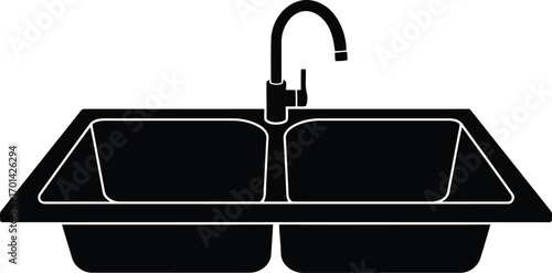 Modern kitchen double bowl sink with sleek faucet minimalist design vector