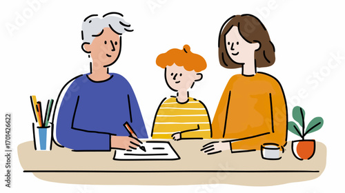 Family signing document at table