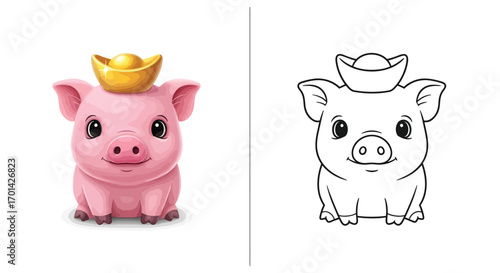 Festive Pig with a Gold Ingot Hat Lunar New Year Coloring Page Fun Holiday Art