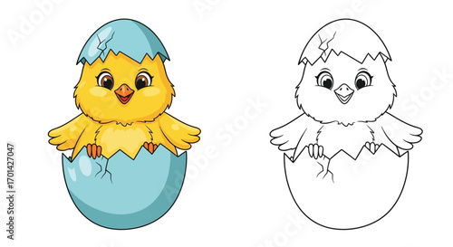 Smiling Chick Character Hatching from an Egg Easter Celebration Coloring Page for Kids