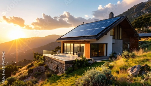 Modern house with solar panels at sunset.