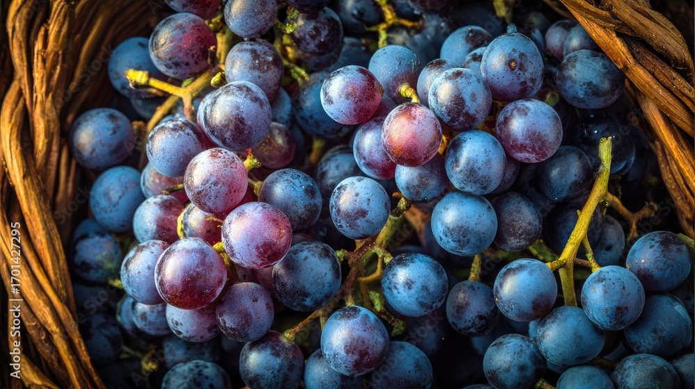 Fototapeta premium A close-up shot of a wicker basket brimming with plump, dark-colored grapes, bathed in warm, natural light. The grapes vary slightly in shade, showcasing a mix of deep purples and blues