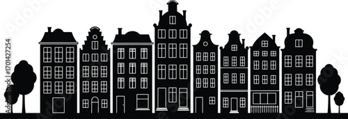 Amsterdam cityscape silhouette historic buildings trees panorama vector art vector