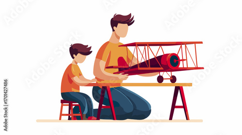 Father and son building a model airplane