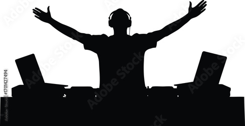 Dj silhouette energetic crowd hands up electronic music performance vector
