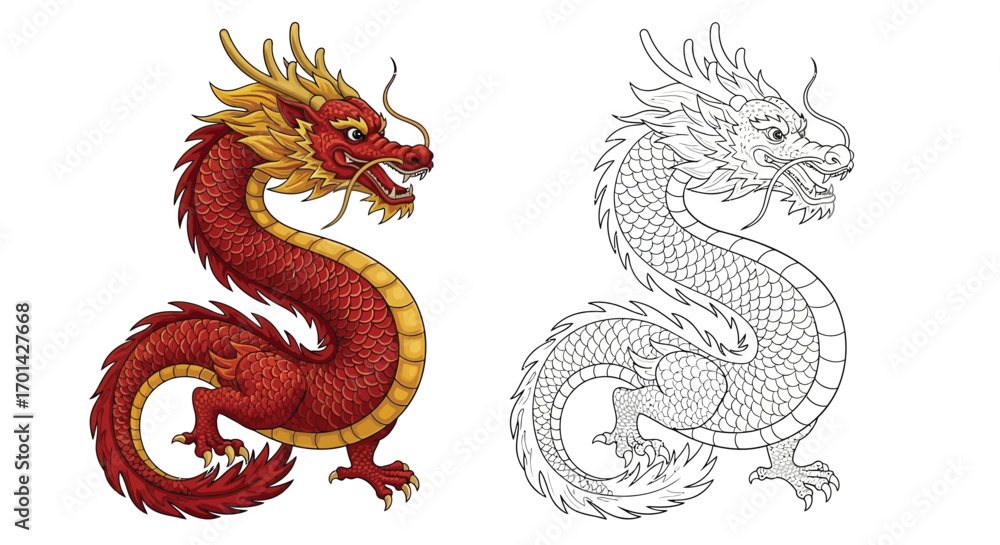 Obraz premium Powerful Traditional Chinese Dragon Character Lunar New Year Coloring Page Art