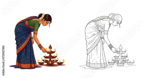 Serene Woman Lighting Diyas Diwali Lamps Coloring Page Indian Festival Tradition
