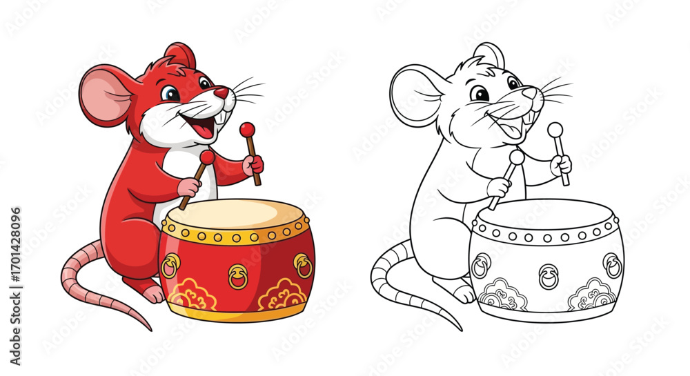 Fototapeta premium Cute Zodiac Rat Playing Chinese Drum Coloring Page Lunar New Year Holiday Activity