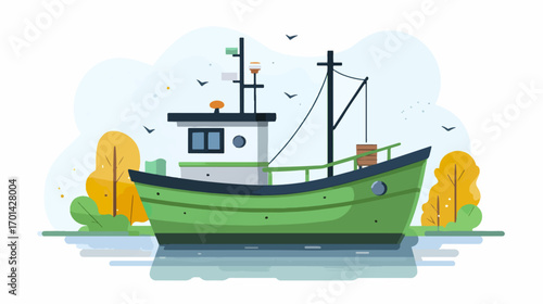 Fishing boat illustration waterfront scene