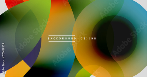 Abstract colorful circles overlap creating dynamic visual effect. Gradient hues blend smoothly, modern design element.