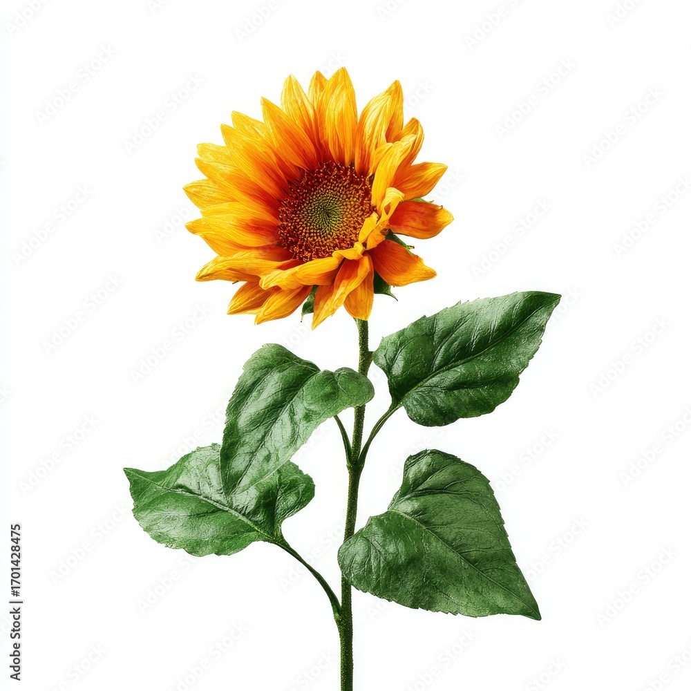 Obraz premium A single sunflower, vibrant yellow-orange petals surrounding a dark brown center, stands tall on a slender green stem with several leaves, isolated against a stark white background