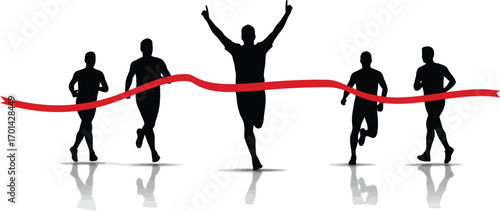 Elite runner silhouette wins race crossing finish line victory celebration vector