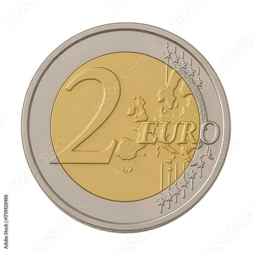 Bimetallic 2 Euro coin on transparent background.