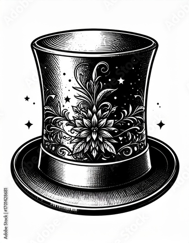 Detailed Engraved Top Hat with Floral and Star Motifs on White Background