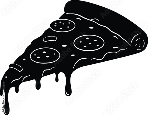 Dripping black pepperoni pizza slice silhouette graphic vector