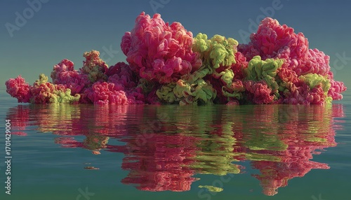 Abstract ink island, vibrant pink and lime green, reflected in water