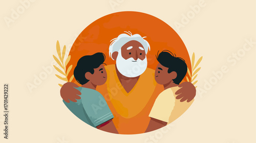 Grandfather and grandchildren embrace