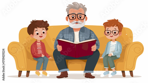Grandfather reading book to grandchildren on sofa