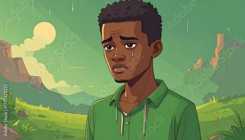 Upset Young Man with Nature Landscape.