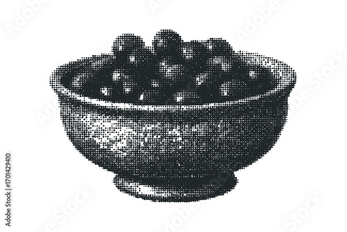 Halftone Bowl Full of Round Dark Berries on Transparent. Vector hand drawn illustration