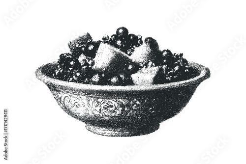 Halftone textured bowl of berries and fruit pieces on transparent background. Vector hand drawn illustration