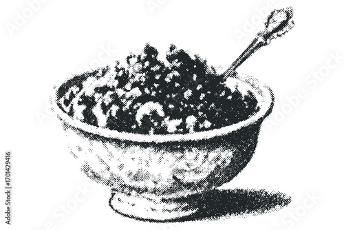 Bowl of caviar with spoon on transparent background. Vector hand drawn illustration