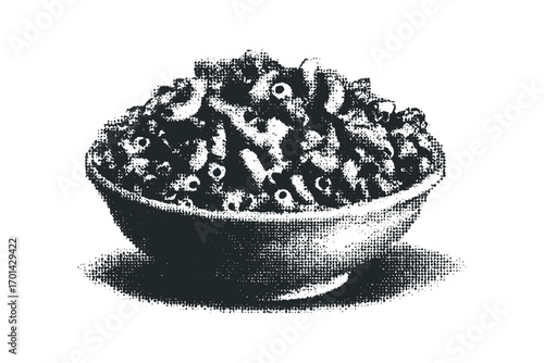 Black and white textured bowl overflowing with macaroni on a transparent background. Vector hand drawn illustration