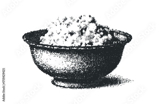 Halftone dots textured bowl with food on transparent background. Vector hand drawn illustration