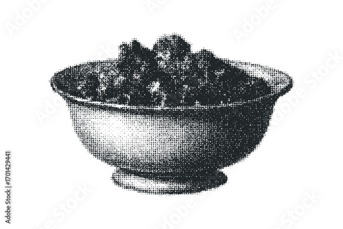 Halftone dot bowl filled with organic substance. Vector hand drawn illustration