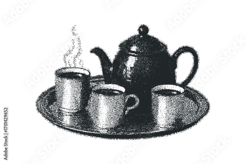 Vintage teapot and three cups on tray. Vector hand drawn illustration