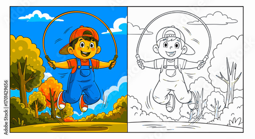 Boy jumping rope happily in park scene, a cartoon illustration of outdoor fitness and childhood fun