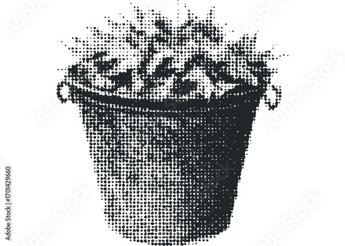 Halftone bucket filled with flowers on transparent background. Vector hand drawn illustration